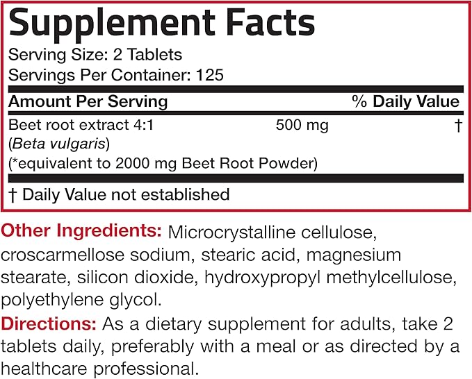 Bronson Beet Root Extra Strength (Equivalent to 2000mg Beet Root per Serving from 500mg 4:1 Extract), Non-GMO, 250 Vegetarian Tablets