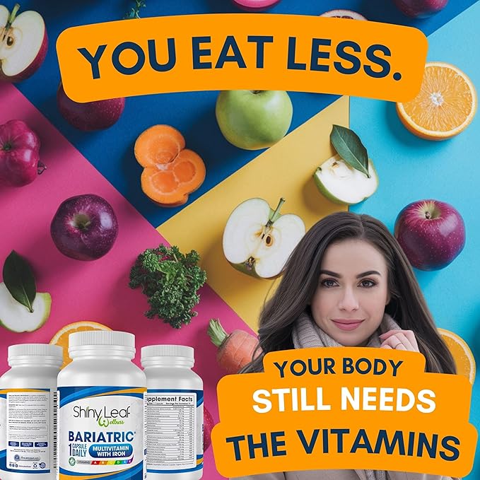 Shiny Leaf Bariatric Multivitamin with Iron - 45mg Iron, 360 Capsules, Post WLS Support, for Gastric Sleeve, Bypass and Mini Bypass, High Potency Daily Vitamins, for Women and Men,1 Year Supply
