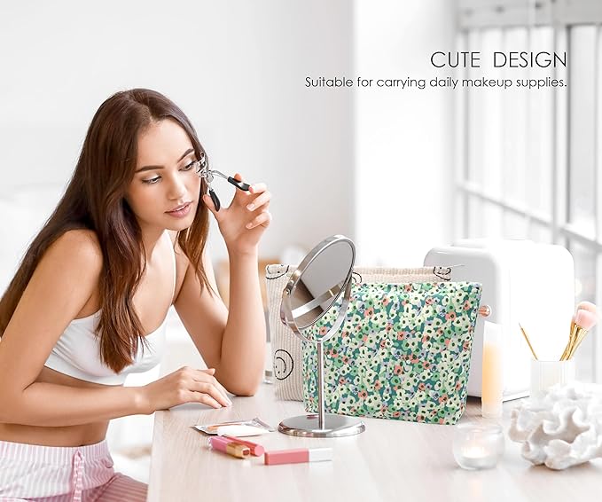 Corduroy Makeup Bag Cosmestic Bag Large Capacity Ladies Women Aesthetic Make Up Organizer Accessories Zipper Pouch Purse Green Flower+Beige