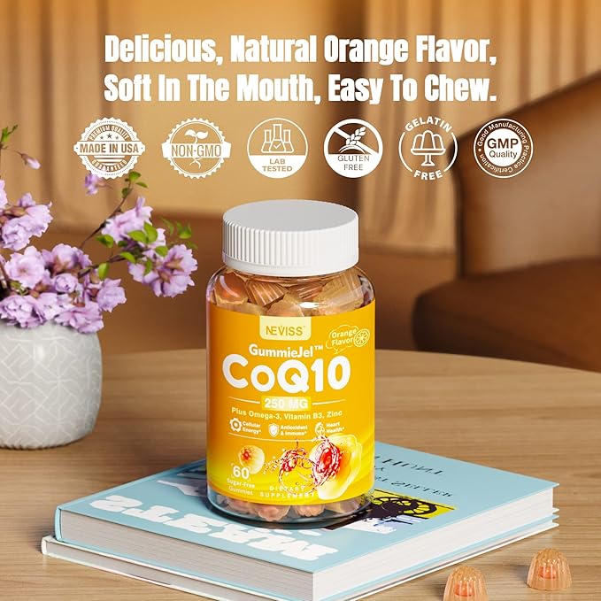 Sugar-Free CoQ10-250mg Filled Gummies - 4 Months Supply - Plus Omega-3, Vitamin B3 & Zinc, High Absorption Coenzyme Q10 Supplements for Heart Health, Cellular Energy & Antioxidant Support, 2-Pack