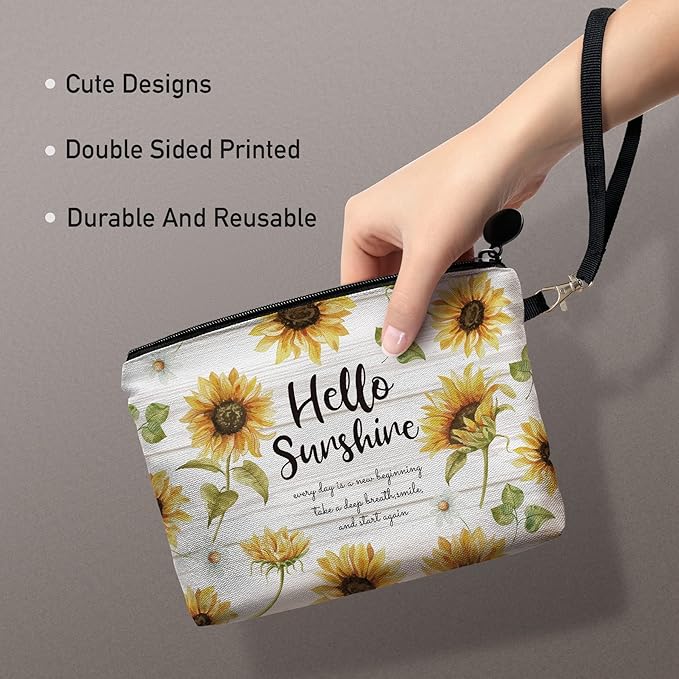 Hglian Sunflower Travel Makeup Bag Inspirational Cosmetic Toiletry Bags Cute Zipper Wristlet Pouch for Purse Travel Accessories Organizer,Birthday Gifts for Women Girls(Sunshine Yellow)