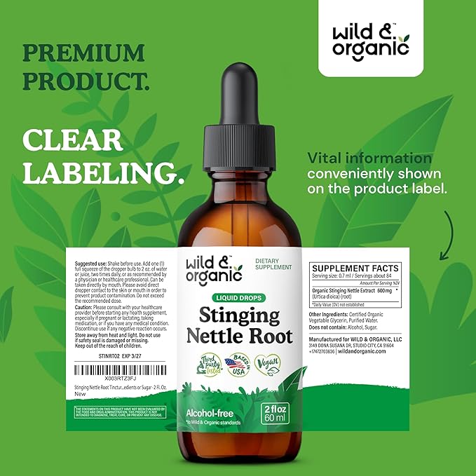 Wild & Organic Stinging Nettle Root Drops - Stinging Nettle Extract Tincture - Alcohol Free Nettle Supplement - Vegan, Sugar Free - 2 fl oz