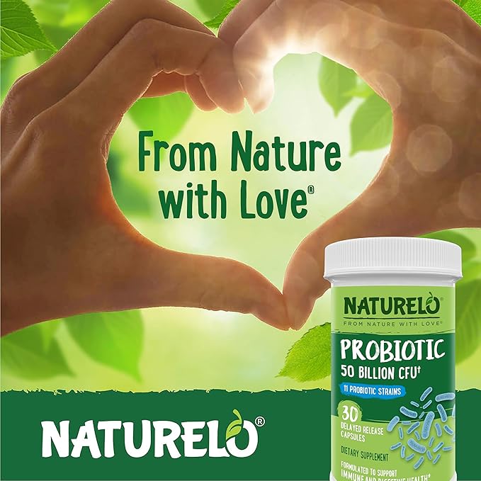 NATURELO Probiotics for Digestive Health - 50 Billion CFU, 11 Strains Daily Supplement - Boosts Immune System, Delayed Release, 30 Vegetarian Capsules