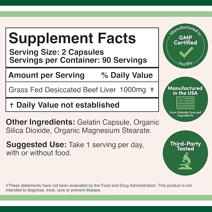 Beef Liver Capsules (1,000mg of Grass Fed, Desiccated Beef Liver per Serving, 180 Capsules, 3 Month Supply) Beef Liver Supplement for Digestion, Immune Health, Energy, and Wellness by Double Wood