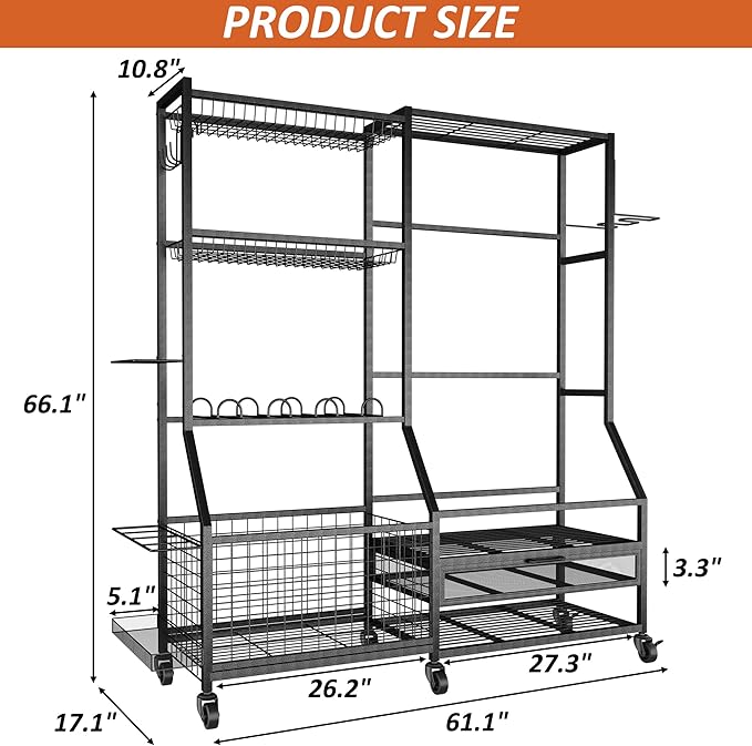 Gadroad Sports Equipment Organizer, Ball Rack, Gear & Ball Storage - Garage Organizer with Baskets, Hooks & Rolling Cart - Black