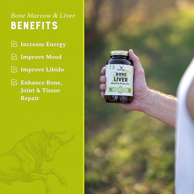 Heart & Soil Grass-Fed Bone Marrow & Liver Supplement - Desiccated Organ Supplements to Enhance Mood, Bone, Joint, Tissue, & Skin Health - 180 Capsules
