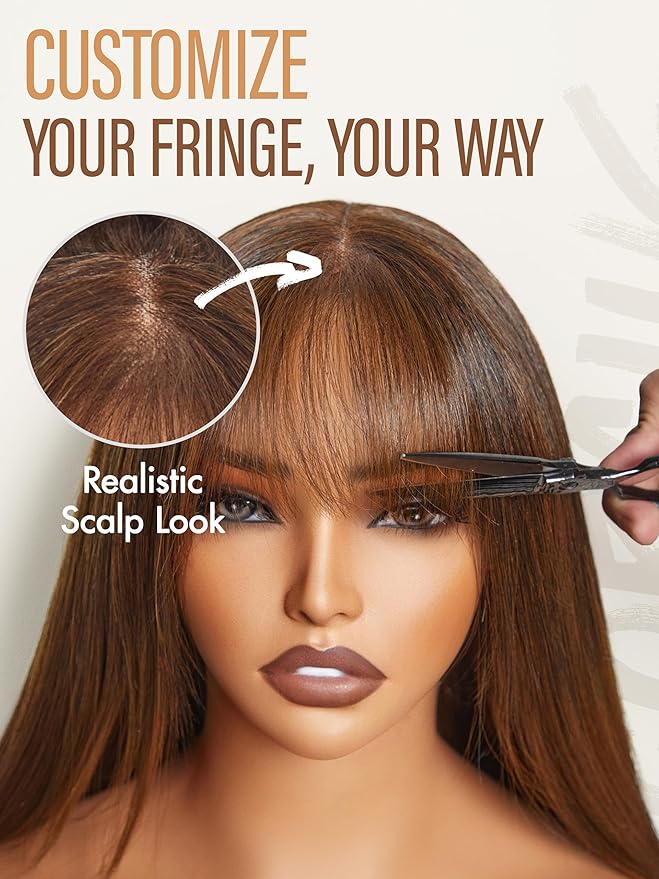 GORGIUS Straight Glueless Wig with Bangs Medium Brown Layered Hair Ready-to-Go Synthetic Bang Wigs with Realistic Scalp 24 Inch