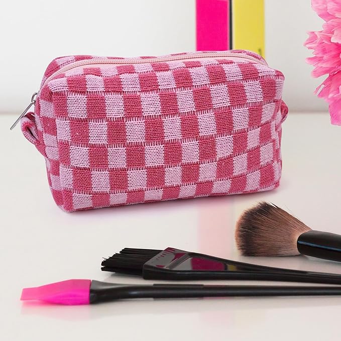 Small Cute Checkered Makeup Bag - Portable Cosmetic Pouch with Zipper, Travel Toiletry Bag, Purse Organizer, Beauty Storage, Pink