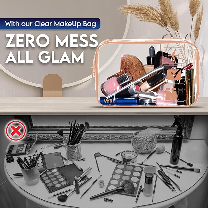 VYRL 3 Pack Clear Makeup Bag - Quart Size 3-1-1 TSA Approved Toiletry Bag with Zipper - Water-Resistant Durable PVC Clear Toiletry Bag for Carry-on Airport Travel Accessories - Rose Gold