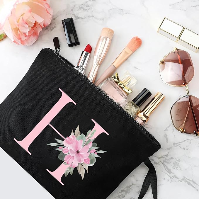 Vavabox A-Z Personalized Makeup Bag, Birthday Gifts for Women Mom, Gifts for Best Friend, Bride Bridesmaid Cosmetic bag (H, Black)