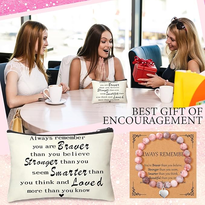 Tondiamo 6 Sets Inspirational Appreciation Gifts Include 6 Inspirational Natural Stone Bracelets 6 Cards and 6 Motivational Canvas Makeup Bags for Team Coworkers Nurse