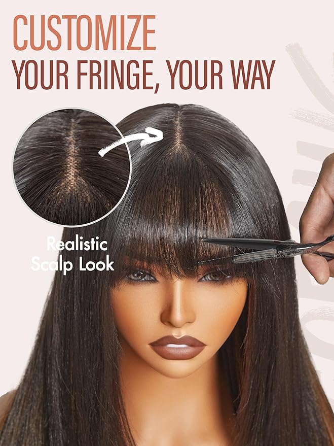 GORGIUS Straight Glueless Wig with Bangs Highlight Brown Layered Hair Ready-to-Go Synthetic Bang Wigs with Realistic Scalp 24 Inch