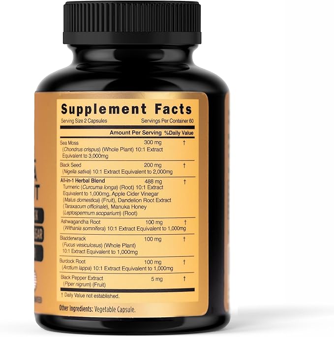 Sea Moss 3000mg Black Seed Oil 2000mg Ashwagandha 1000mg Turmeric 1000mg Bladderwrack 1000mg Burdock 1000mg Manuka Honey Dandelion ACV - 120 Capsules | 60 Days Supply | Vegan