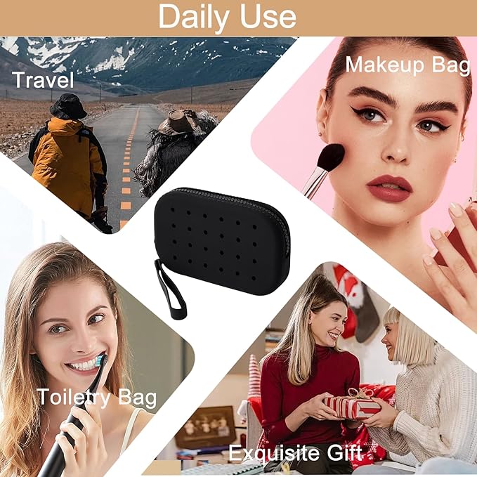 Portable Silicone Makeup Bag for Women, Small Travel Toiletry Cosmetic Bag with Decorative Holes, Zipper Closure Organizer Makeup Case with Handle (Black)
