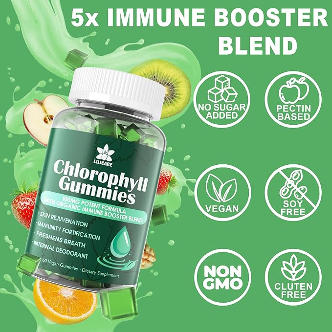 Sugar Free Chlorophyll Gummies - with Unfiltered ACV, Sea Moss & Elderberry, Echinacea, Vitamin D3, C, E, B12 - Natural Deodorant, Breathe Fresh, Immune & Digestion Support, Vegan Delicious Chews 60Ct