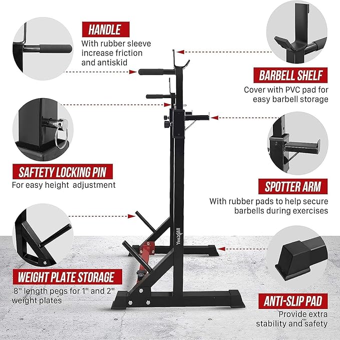 Yes4All Squat Rack for Home Gym, Adjustable Barbell Stand Rack, Multi-Function Weight Lifting, Dip Bar Station, Bench Press Rack Stand, Weight Plate Storage - Capacity Up to 600LBS