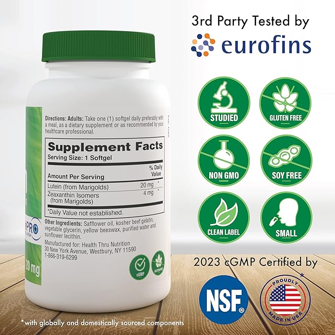Lutein 20mg with Zeaxanthin 4mg 180 Softgels | All-Trans Marigold Extract in Nature Identical 5:1 Ratio | Supports Healthy Eye, Skin and Brain | Non-GMO Soy & Gluten Free | by Health Thru Nutrition