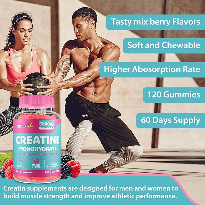 Creatine Monohydrate Gummies, Creatine for Women, Creatine Pre Workout Chewables Supplement 5000mg with Taurine & B6 - for Muscle, Recovery, Strength, Energy & Endurance and Performance - 120 Count