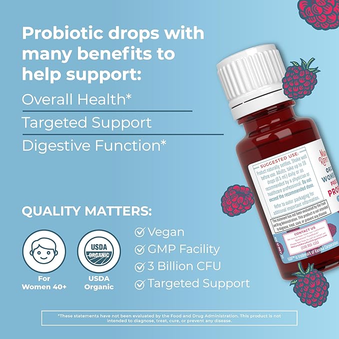 MaryRuth Organics USDA Organic 40 Womens Probiotic Liquid Drops | Probiotics for Digestive Health | Stress-Related GI Issues | Occasional Gas Relief for Adults | Vegan | Dairy Free | 30 Servings