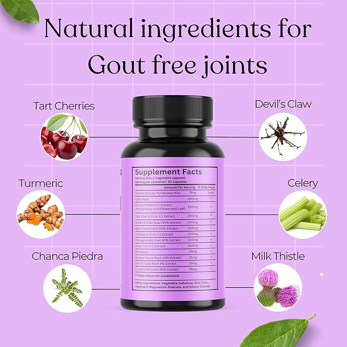 Uric Acid Support Advanced Formula- Clean and Detox - with Tart Cherry, Celery, Bromelain, Tumeric - Balances Uric Acid Levels and Support Joint Health - Non GMO - 60 Veggie Capsules