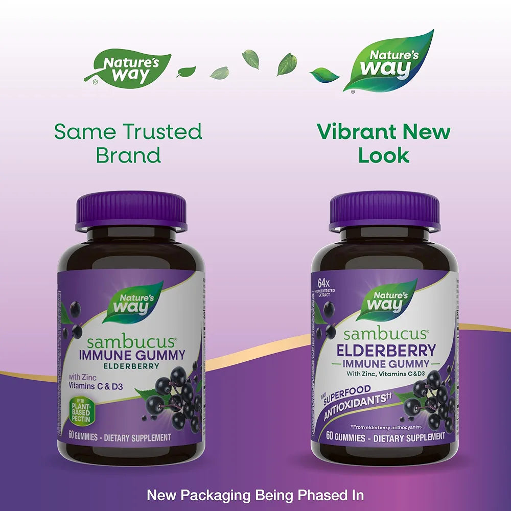Nature’s Way Sambucus Elderberry Immune Support Gummies for Kids & Adults* with Black Elderberry Extract, Vitamin C, Vitamin D3, and Zinc, 60 Gummies
