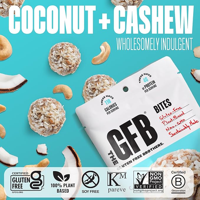 The Gluten Free Brothers Coconut Cashew Bites - Gluten Free Protein Balls – Non GMO, Soy Free, Vegan – Snack Size Plant Based Protein Energy Balls, 4 oz (6 Count)