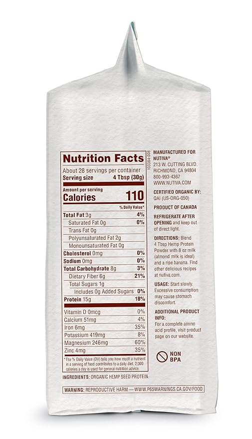 Nutiva Organic Cold-Pressed Raw Hemp Seed Protein Powder, Peak Protein, 30 Oz, USDA Organic, Non-GMO, Whole 30 Approved, Vegan, Gluten-Free & Keto, Plant Protein with Essential Amino Acids
