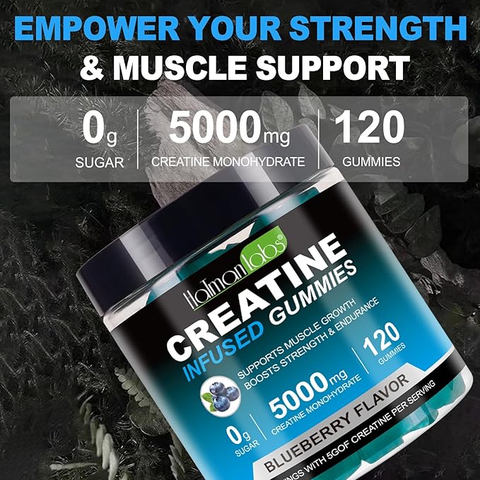 Creatine Monohydrate Gummies for Men & Women - 5g per Serving, Low Sugar Creatine Monohydrate Gummies - Increase Strength, Muscle Gain, Recovery, Endurance - Vegan, Gluten-Free,Blueberry (120 Count)