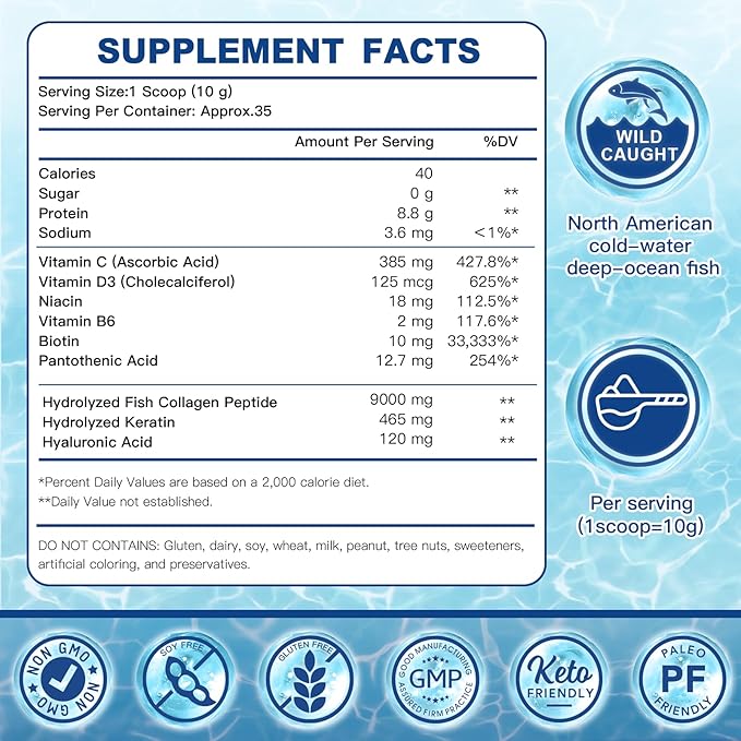 ZEBORA Marine Collagen Peptides Powder with Hyaluronic Acid, Keratin - Wild Caught Hydrolyzed Fish Collagen with Multivitamins - Support Skin Hair Nail Joints, Keto Friendly, 35 Servings