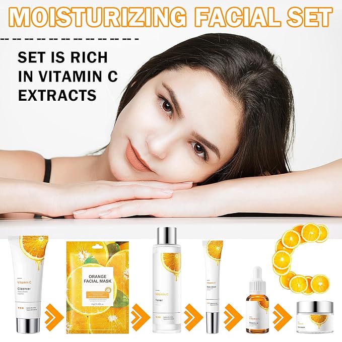 9 Pcs Travel Size Skin Care Set With Toner, Eye Cream, Facial Cleanser, Cream, Serum, Soap, Orange Masks, Hydrating Wash - Skincare Kit for All Skin Types