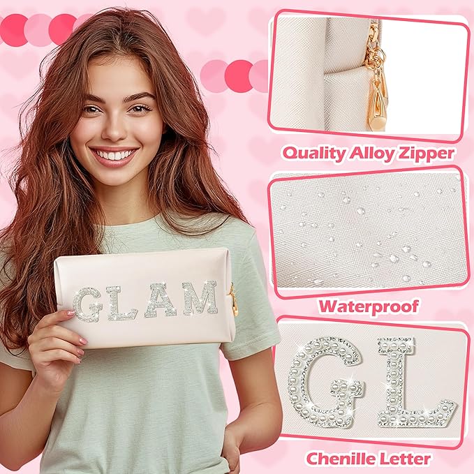 CY2SIDE Glam Letter Makeup Bag - White GLAM Pearl Rhinestone Letter Patch Cosmetic Pouch Shell Gold PU Leather Patch Big Bag Waterproof Portable Zipper Travel Organizer for Wedding Bride Birthday Gift