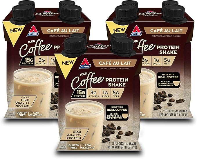 Atkins Café au Lait Iced Coffee Protein Shake, 15g Protein, Low Glycemic, 3g Net Carb, 1g Sugar, Keto Friendly, 12 Count