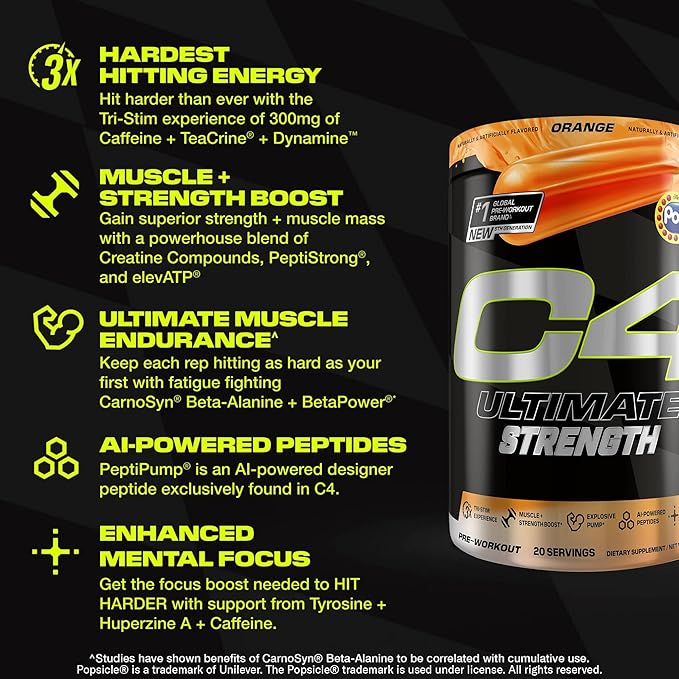 Cellucor C4 Ultimate Strength Pre Workout Powder - Tri-Stim Experience 300mg Caffeine+TeaCrine+Dynamine - Creatine & Beta-Alanine - Energy Supplement for Men & Women - Orange Popsicle, 20 Servings