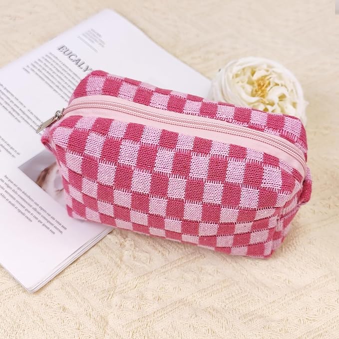Small Cute Checkered Makeup Bag - Portable Cosmetic Pouch with Zipper, Travel Toiletry Bag, Purse Organizer, Beauty Storage, Pink