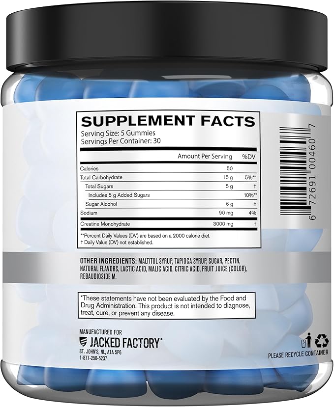 Jacked Factory Creatine Monohydrate Gummies (3g per 5 Gummies) - Creatine Gummies for Muscle Growth, Strength, Enhanced Energy & Improved Athletic Performance - 150 Gummies, Blue Raspberry