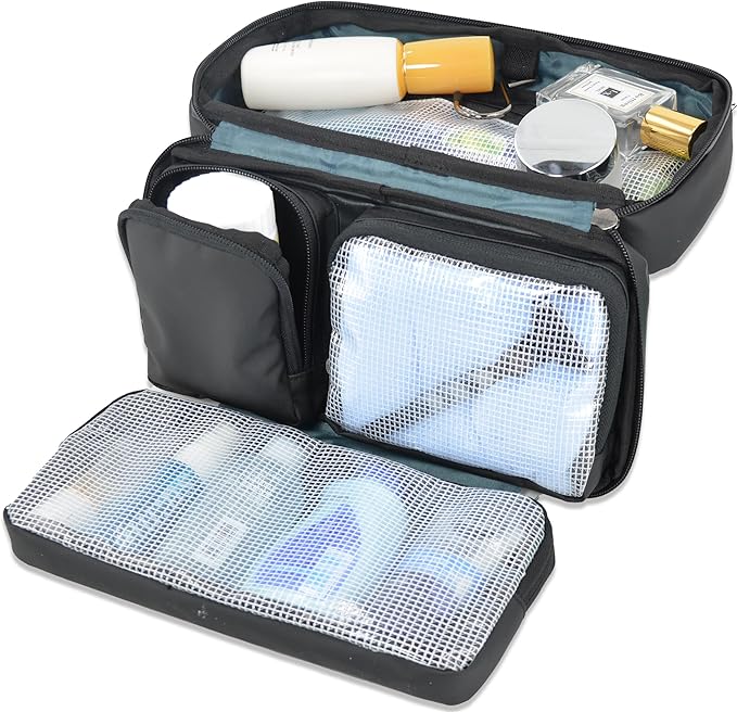 WELKINLAND 6-Pockets Toiletry bag, Shaving bag, Shower bags men, Mens bathroom bag, Hygiene bag men, Mens overnight bag toiletries, Mens toiletry bags traveling, Hanging toiletry bag men, Black