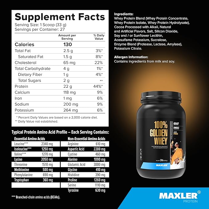 Maxler 100% Golden Whey Protein - 22g of Premium Whey Protein Powder per Serving - Pre Post Intra Workout - Fast-Absorbing Whey Hydrolysate, Isolate, Concentrate Blend - Chocolate Peanut Butter 2 lbs