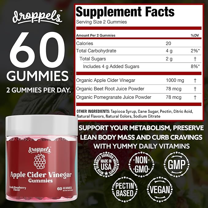 Droppels Apple Cider Vinegar Gummies 1000mg with Beet Root & Pomegranate (60 Count (Pack of 2))