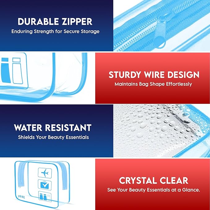 VYRL 3 Pack Clear Makeup Bag - Quart Size 3-1-1 TSA Approved Toiletry Bag with Zipper - Water-Resistant Durable PVC Clear Toiletry Bag for Carry-on Airport Travel Accessories - Blue