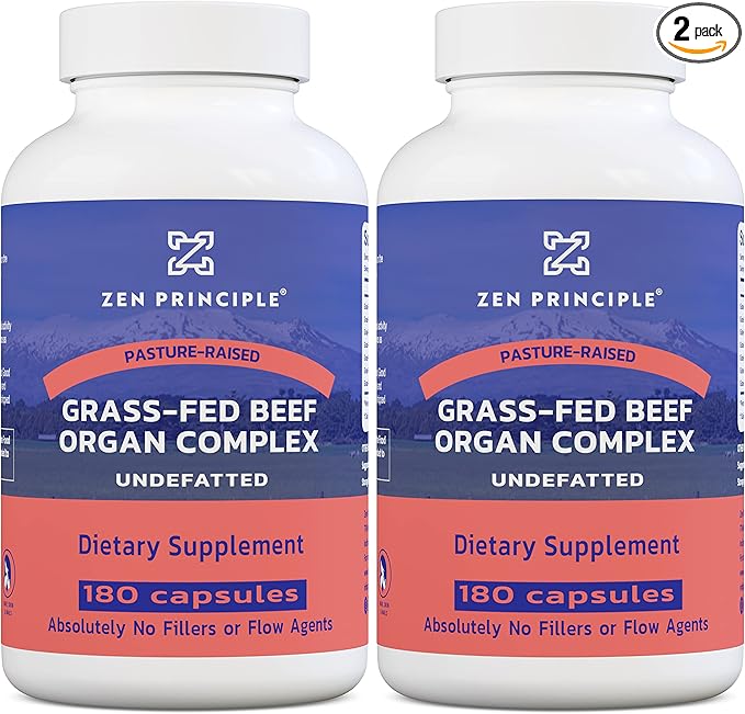Zen Principle Grass Fed Beef Organs - Desiccated Liver, Heart, Kidney, Pancreas, Spleen, Intestine, Tripe/Stomach. Beef Organ Supplements 2-Pack