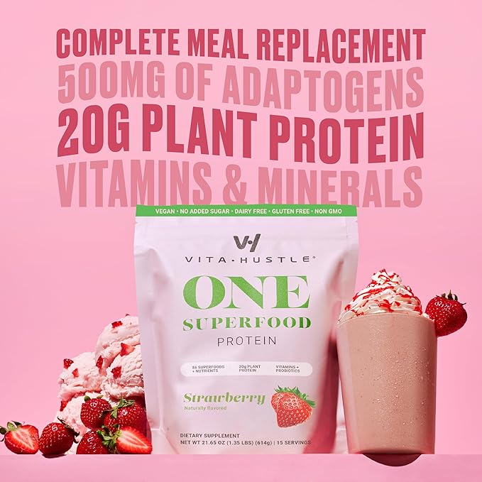 VitaHustle ONE - Superfood Meal Replacement Shake, Plant Based Protein Powder, Vegan. 86 Superfoods, Vitamins, & Minerals, Ashwagandha, Adaptogens. Founded by Kevin Hart. (Strawberry) 15 Servings