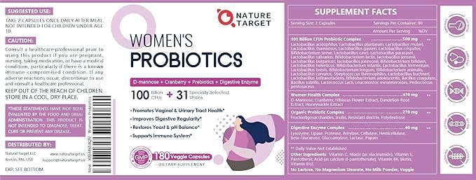 Probiotics for Women Digestive Health, 100 Billion CFUs Probiotic with Digestive Enzymes & Prebiotics, Vaginal Probiotics with Cranberry for Urinary Tract Health, pH Balance, 180 Veggie Capsules