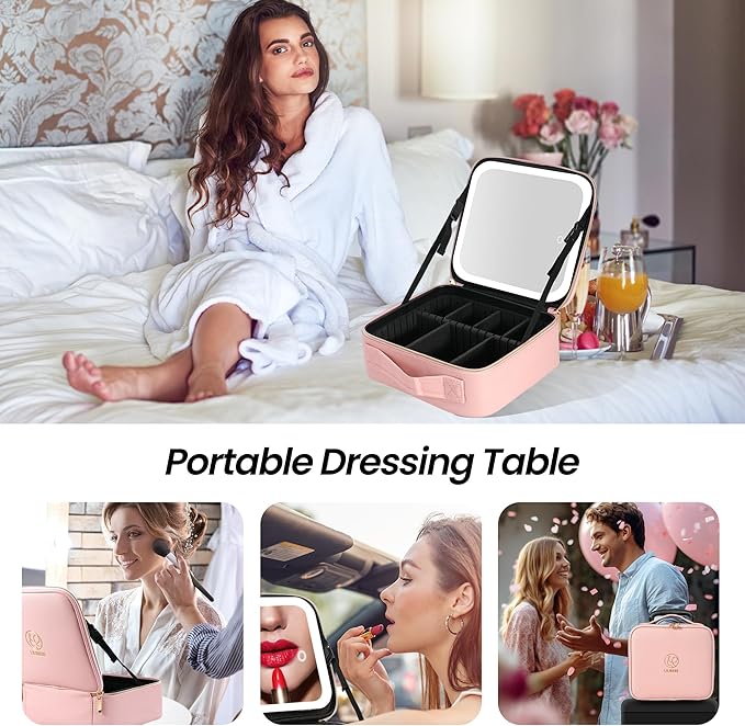 Travel Makeup Bag with Mirror Cosmetic Bag Makeup Artist Bag, 3 Color Scenarios Adjustable Brightness, Makeup Train Case Cosmetic Storage Gift for Daughter Wife Friend Pink