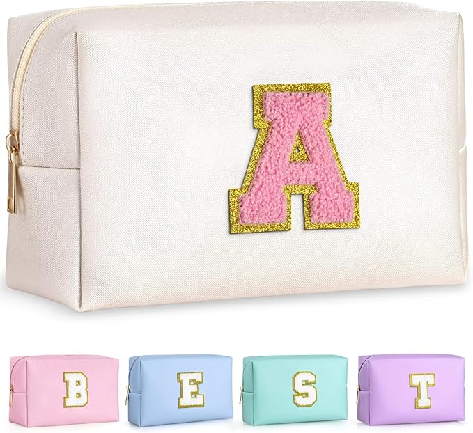 TOPEAST 2025 Graduation Gifts - Initial Makeup Bag, Birthday Gifts for 4 5 6 7 8 9 10 11 12 Year Old Girls, Personalized Preppy Toiletry Bag (White A)