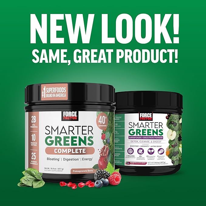FORCE FACTOR Smarter Greens Superfoods + Digestion Powder, 3-Pack, Greens Powder with 2 Billion Probiotics, Digestive Enzymes, and Antioxidants to Detox, Cleanse, and Support Immunity, 90 Servings