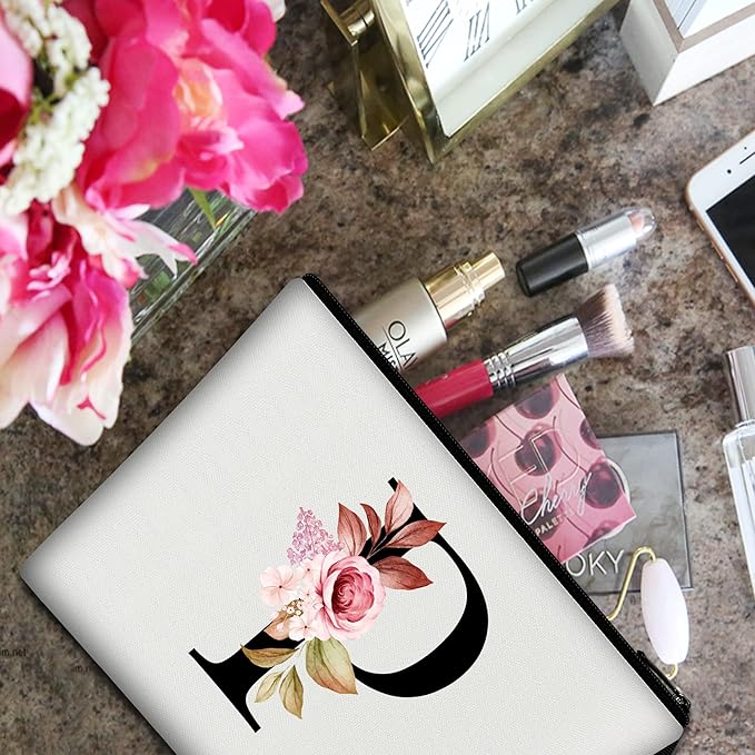 Vavabox A-Z Personalized Makeup Bag, Birthday Gifts for Women Mom, Gifts for Best Friend, Bride Bridesmaid Cosmetic bag (P, White)