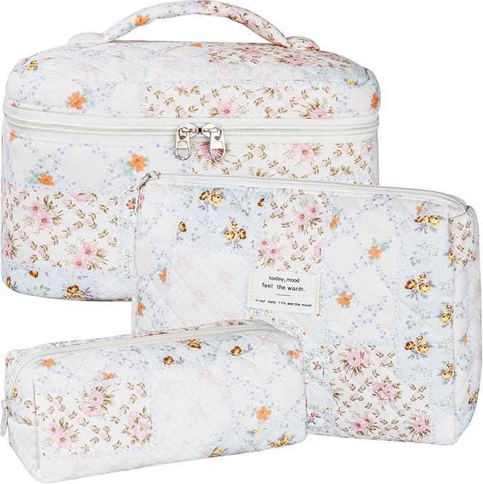 Quilted Makeup Bag Set, 3Pcs Large Checkered Corduroy Cosmetic Bags, Cute Coquette Makeup Bag Toiletry Zipper Pouch Bag for Women and Girls Checkered