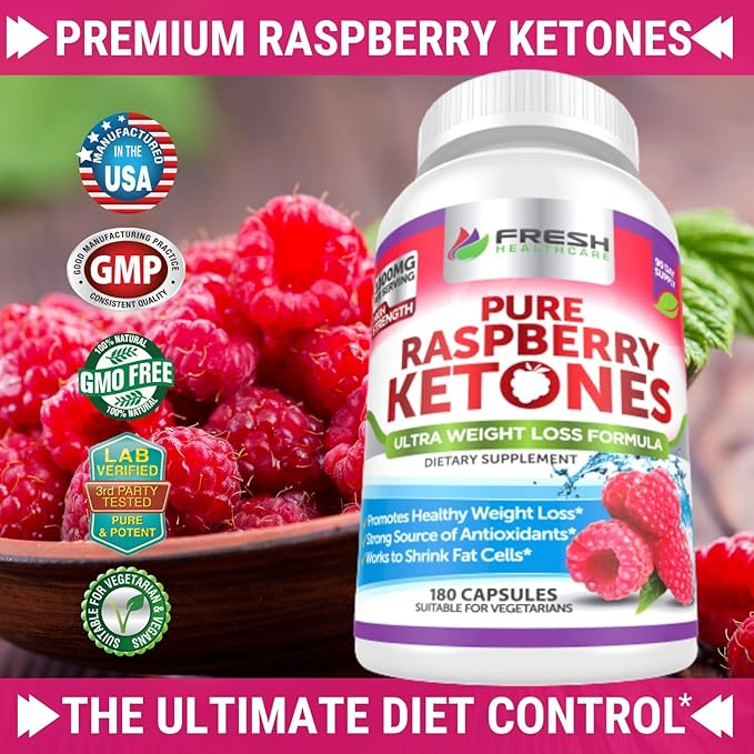 FRESH HEALTHCARE Pure 100% Raspberry Ketones Max 1000mg Per Serving - 3 Month Supply Non GMO - Advanced Weight Loss Support - 180 Capsules