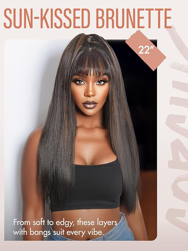 GORGIUS Straight Glueless Wig with Bangs Highlight Brown Layered Hair Ready-to-Go Synthetic Bang Wigs with Realistic Scalp 24 Inch