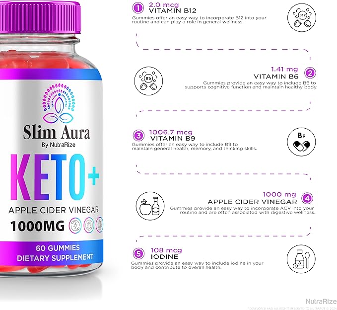 Slim Aura Keto ACV Gummies, Official SlimAura Keto + ACV Gummies, All Natural Apple Cider Vinegar Gummy, Premium Keto Plus ACV Formula, ACV Keto Gomitas (60 Gummies)